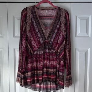 Free People Bohemian V-Neck Top in Pink and Black